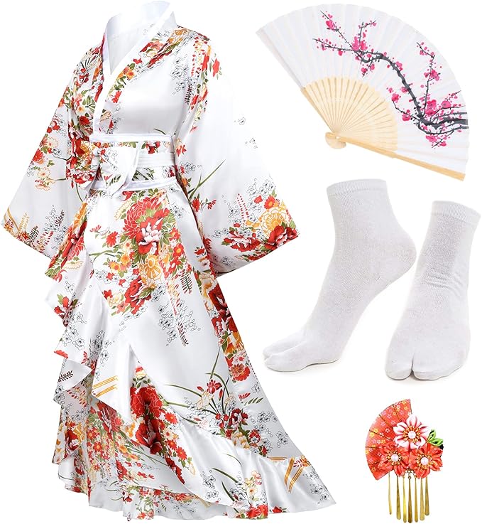 女式和服长袍艺社浴衣甜美燕尾服褶皱连衣裙花朵缎面浴袍睡衣粉丝